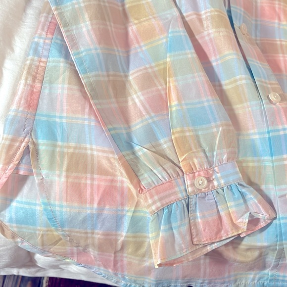 J. Crew Rainbow gingham long sleeve cotton silk blouse w/ ruffle collar and cuff - Picture 2 of 7